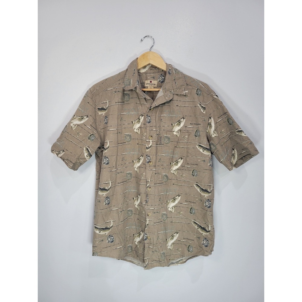 Woolrich Mens Fly Fishing‎ Trout Print Short Sleeve Button Down Shirt Tan Size M